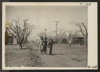 [recto] Manzanar, Calif.--An afternoon stroll at this War Relocation Authority center for evacuees of Japanese ancestry. ;  Photographer: Albers, Clem ;  Manzanar, California.