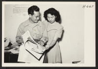 [recto] Tech. Sgt. Minoru Masukane, believed to be the first Nisei discharge from the Army on points, visits Los Angeles to ...