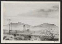 [recto] Poston After Sundown. A special award, first in camp scenes, was received on this entry in an art exhibit recently held at Cambridge, Massachusetts, under the sponsorship of the Friends Meeting. ($20) ARTIST: Kakunen Tsuruoka, Colorado River Relocation Ce