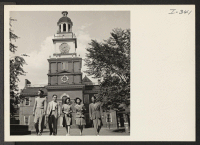 [recto] These four Nisei, now living in Philadelphia, Pennsylvania, have just seen the famous Liberty Bell in Independence Hall. From left ...