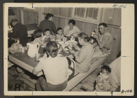 [recto] Manzanar, Calif.--Mealtime during early days after evacuation at Manzanar, now a War Relocation Authority center for evacuees of Japanese ancestry. In housing, as well as at meal times, family life is observed. ;  Photographer: Albers, Clem ;  Manzana