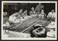 [recto] A farewell party of the Boy Scouts, Troop 97, being held in honor of their Scout Master, Mr. and Mrs. Eddie Sakaniwa. The picture is the scene of midst of their having refreshments. Mr. and Mrs. Sakaniwa are leaving the center for Tule Lake. ;  Photogra