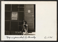 [recto] Tanforan Assembly Center, San Bruno, Calif.--Young evacuee on steps of the Library which has just been established at this assembly center under the direction of a Mills College graduate, a professional librarian of Japanese ancestry. ;  Photographer: L