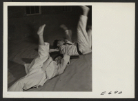 [recto] Not generally considered a sport for women, a Judo class, at the Heart Mountain Relocation Center, organized at the request of the Nisei girls, enrolled 30 students. Here a student throws a male instructor in a standard Judo style. ;  Photographer: Park