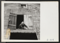 [recto] Nailing the hayloft door on the morning of evacuation. Farmers and other evacuees will be given opportunities to follow their callings at War Relocation Authority centers where they will spend the duration. ;  Photographer: Lange, Dorothea ;  Centervi