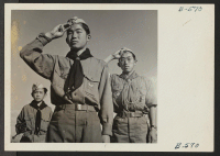 [recto] Boy Scouts conducting morning flag raising ceremony at the Heart Mountain Relocation Center, where persons of Japanese ancestry, evacuated from west coast defense areas, now reside. ;  Photographer: Coffey, Pat ;  Heart Mountain, Wyoming.