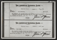 [recto] Shown are the checks received by Jim Takeuchi and Yosh Hada, workers of the Big Spruce Logging Company operated by ...