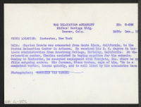 [verso] Charles Sawabe was evacuated from Santa Clara, California, to the Poston Relocation Center in Arizona. He received his B.S. degree ...