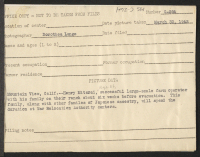 [verso] Henry Mitarai, age 36, successful large-scale farm operator with his family on their ranch about six weeks before evacuation. This family, along with other families of Japanese ancestry, will spend the duration at War Relocation Authority centers. ;  Ph