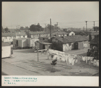 [recto] A section of the barracks and service building area of the Winona Housing Project at Burbank, California, where returning evacuees find temporary housing while they are locating permanent homes in and around Los Angeles. ;  Photographer: Parker, Tom