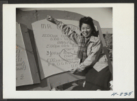 [recto] New Year's Fair. Pretty Nami Nadaoka is shown with the program sign at the fair, which was held in Camp No. 2. Present occupation: waitress in personnel mess. Former occupation: student. Former residence: Los Angeles, California. ;  Photographer: Stewar