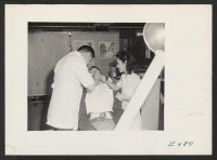 [recto] A Japanese-American dentist and his assistant work on a resident with makeshift equipment and clinic arrangements. ;  Photographer: Parker, Tom ;  Amache, Colorado.