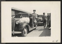 [recto] Arcadia, Calif.--Evacuees of Japanese ancestry arriving at the Santa Anita Assembly center from San Pedro. ;  Photographer: Albers, Clem ;  Arcadia, California.