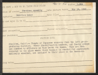 [verso] Stockton, Calif.--People of Japanese ancestry from the Lodi grape producing district. Their identification numbers and family groups are checked by ...