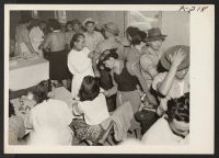 [recto] Evacuees of Japanese descent are vaccinated by fellow physician-evacuee at this assembly center prior to transfer to a War Relocation Authority center. ;  Photographer: Albers, Clem ;  Salinas, California.