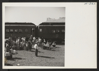 [recto] Transferees bound for Heart Mountain from Tule Lake on trip 24 wait with their luggage for the partially loaded train to pull up to their assigned coach. ;  Photographer: Mace, Charles E. ; , .