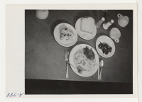 [recto] Luncheon serving ....... Menu: Baked macaroni with Spanish sauce, spinach, pickled beets, bread pudding, tea, bread and butter. ;  Photographer: Stewart, Francis ;  Hunt, Idaho.