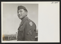 [recto] Sgt. Sukio Oji on leave in Denver, Colorado, from Camp Shelby, Mississippi. Sgt. Oji lived in California prior to evacuation to the Gila River Center, and after spending several months there he went to the University of Nebraska to study Civil Engineering