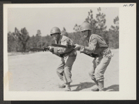[recto] Privates Kato and Ota of the Japanese-American combat team practice their bayonet routine during training at Camp Shelby. The 442nd ...