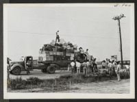[recto] Checkable baggages belonging to the people bound for Tule Lake are being loaded on a large truck to be hauled to the railroad freight car. ;  Photographer: Okano, Tom ;  Denson, Arkansas.