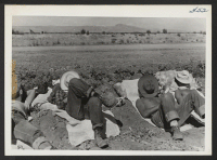 [recto] 10:30 A.M. Farm workers' siesta. ;  Photographer: Cook, John D. ;  Newell, California.