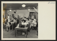 [recto] Closing of the Jerome Center, Denson, Arkansas. View in one of the administration buildings showing a large staff of clerical workers Swing Shift Duty completing evacuation details. ;  Photographer: Iwasaki, Hikaru ;  Denson, Arkansas.