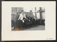 [recto] Sacramento, Calif.--Masamichi (left) and Bill Sugiyama, roommates of Harvey Itano, at this assembly center. Both boys have attended the University ...