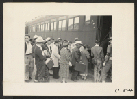 [recto] Woodland, Calif.--Evacuees of Japanese ancestry are boarding a special train for the Merced Assembly Center. These people are a part of a group of 750 persons evacuated from this rich farming area. ;  Photographer: Lange, Dorothea ;  Woodland, Califor