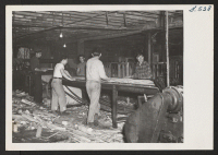 [recto] These four boys from the Jerome Relocation Center are shown at work at a veneer machine in a basket factory. ...