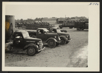 [recto] Closing of the Jerome Center, Denson, Arkansas. View in the Jerome motor pool showing trucks and other vehicles assembled for shipment to other centers. ;  Photographer: Mace, Charles E. ;  Denson, Arkansas.