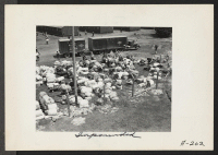 [recto] This baggage belonging to evacuees of Japanese ancestry was brought in by truck to this assembly center. Evacuees will later be transferred to War Relocation Authority centers for the duration. ;  Photographer: Albers, Clem ;  Salinas, California.