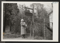 [recto] Mrs. Carl Sandburg is shown here with a kid at the entrance to Chikaming Goat Farm, where Kaye Miyamoto, formerly from Jerome, is employed as a goat herd and Sanao Imoto, formerly of Poston, is the Sandburgs' secretary. ;  Harbert, Michigan.