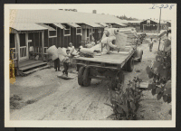[recto] Closing of the Jerome Center, Denson, Arkansas. Removing mattresses from the vacated Jerome dwellings and loading them on trucks to be taken to the center's warehouse and stored for shipment elsewhere. ;  Photographer: Iwasaki, Hikaru ;  Denson, Arkan