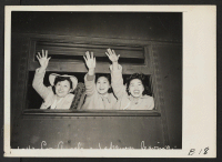 [recto] Los Angeles, Calif.-- Waving good-bye as the train pulls away from the station. These girls are on their way to ...