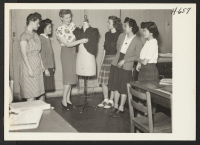 [recto] (Left to right) Nell McLean; Chiaki Osumi, Gila River; instructor Ella Woodrow; Paula Rider; Ruth Michiko Kodama, Colorado River; and ...