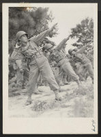 [recto] Private Sano, foreground, and members of his company toss hand grenades into an open trench. The 442nd combat team at ...