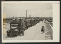 [recto] Closing of the Jerome Center, Denson, Arkansas. One of the freight caravans which assembled almost daily at the center's gateway ready to move the residents' belongings to the Rohwer Center, 30 miles distant. ;  Photographer: Mace, Charles E. ;  Denso