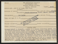 [verso] Sergeant Robert I. Bischoff, a member of a special recruiting detail, sent to the Granada Relocation Center, where persons of ...