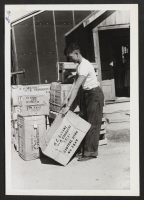 [recto] Family effects, crated and addressed, is stacked outside the apartments to await truck. ;  Newell, California.