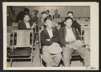 [recto] Byron, California--Laborers of Japanese ancestry from a large-scale asparagus ranch are at the WCCA station awaiting their turn to be interviewed prior to evacuation. ;  Photographer: Lange, Dorothea ;  Byron, California.