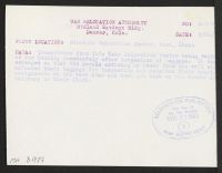 [verso] Transferees from Tule Lake Relocation Center being registered for housing immediately after inspection of baggage. It was arranged so that ...