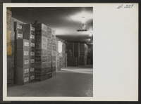 [recto] Scene in the warehouse at the Heart Mountain Hospital, where is stored canned milk, prepared baby food, etc. ;  Photographer: Iwasaki, Hikaru ;  Heart Mountain, Wyoming.
