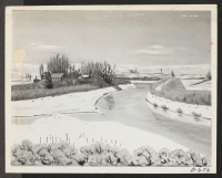 [recto] Winter in Minidoka. This entry received honorable mention an art exhibit recently held in Cambridge, Massachusetts, under the sponsorship of the Friends Meeting. ARTIST: Harry Fukura, Minidoka Relocation Center, Hunt, Idaho. ;  Cambridge, Massachusetts.