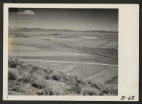 [recto] Tule Lake, Calif.--Bird's-eye view of site of a War Relocation Authority center for evacuees of Japanese ancestry near Tule Lake in Modoc County, California, south of the Oregon border. ;  Photographer: Albers, Clem ;  Newell, California.