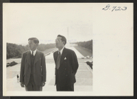 [recto] The Reverend T. Shirakawa, Buddhist minister from Granada, and Henry Tanabe, formerly of Tule Lake Relocation Center, visit the Lincoln ...