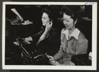 [recto] Mrs. Sachi Furuto and Sally Kusayanagi, formerly from Manzanar Relocation Center, at work with the National Screen Corporation of Des ...