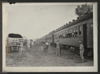 [recto] The train of Tule Lake evacuees as it arrived in Granada. ;  Photographer: McClelland, Joe ;  Amache, Colorado.
