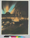 [Hand colored Photograph of a lighted pavilion and buildings at night]
