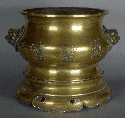 Base for altar incense burner, brass 1' dinner diameter; Urn, brass, Chinese characters.