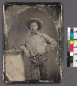[Detail: bare plate image of portrait Alonzo J. Doolittle in miner's clothing with a bag of gold]